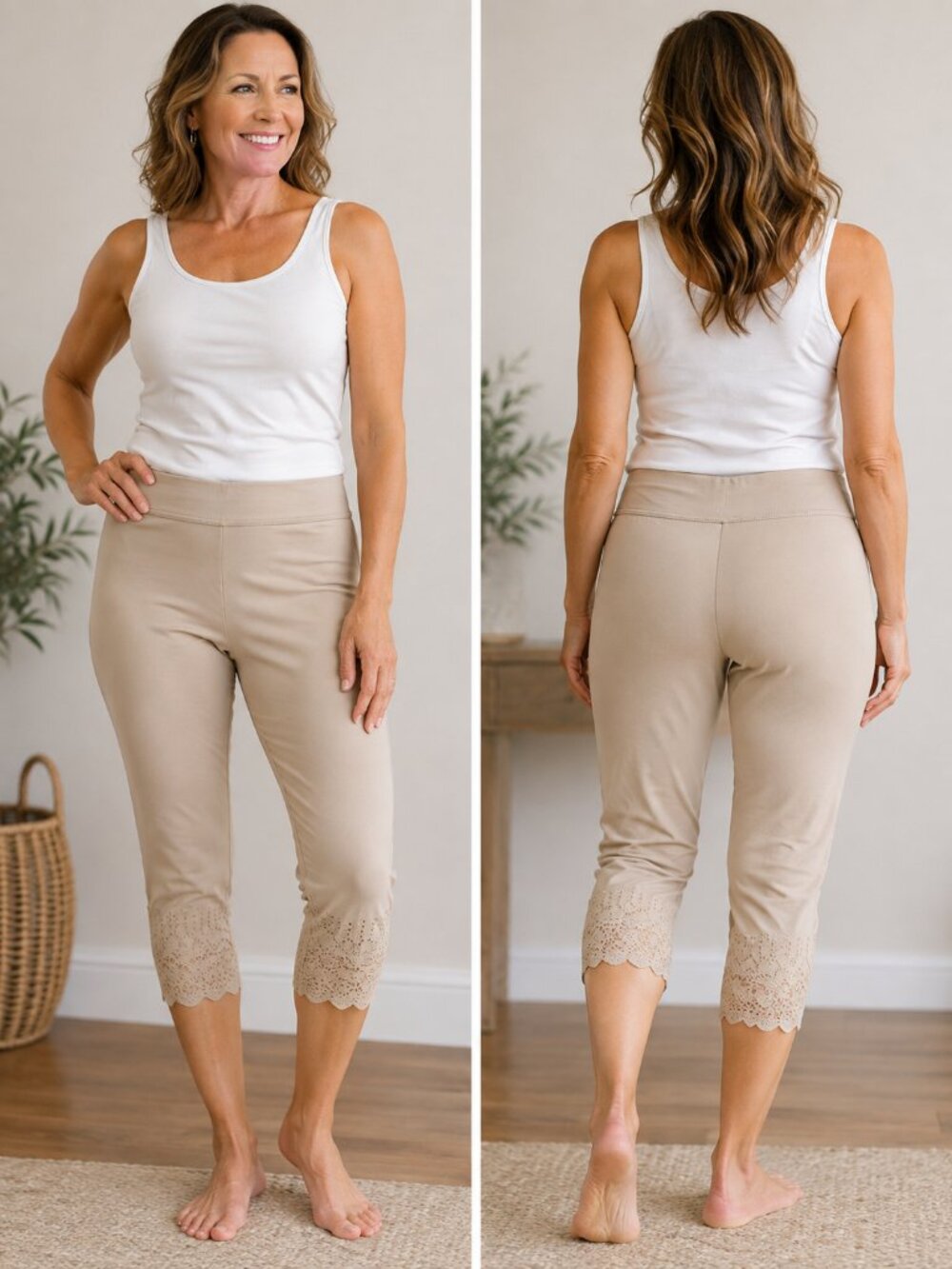 HUE Women's Beige Lace Hem Capri Leggings 3X Pull-On Stretch Comfort Pants